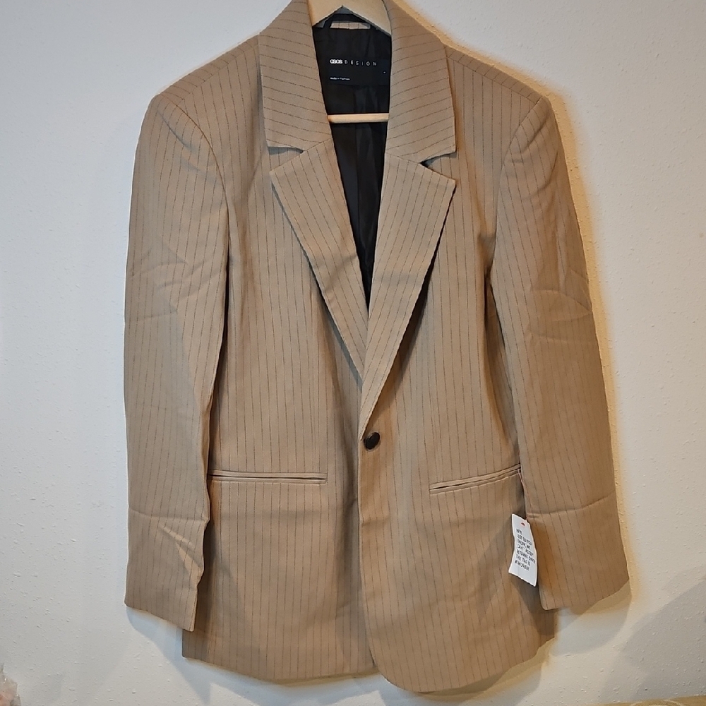 Asos Design Womans Pin Stripe NWT Lined Tan Interview Blazer Sz. S